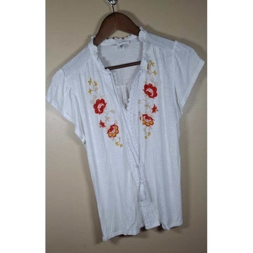 Rio & Rian White Floral Embroidered Lace Trim Boho Cap Sleeve Top Small